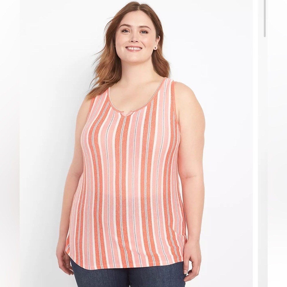 LANE BRYANT Notch-Neck Hacci Tank Top Stripped, Coral, White, Pink & Black NWT
